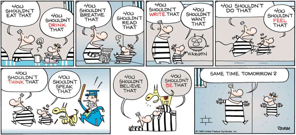 Top of the World prison comic strip by Mark Tonra about social pressure.